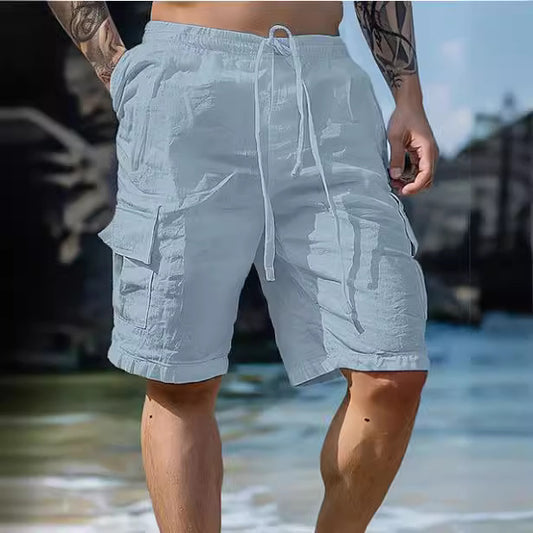 Cotton Linen Shorts Drawstring Elastic Waist Straight Leg Solid Color Breathable Beach Shorts San Remo Shops