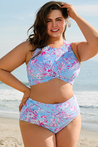 Sky Blue Plus Size Floral Print  High Waist Bikini Set