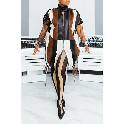 Plus Size Dress Brown Ruched Faux Leather Colorblock Mini