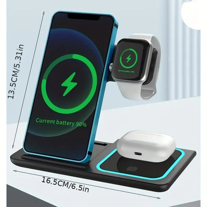 Black wireless charging station charging smartphone, smartwatch, and wireless earbuds with blue LED light