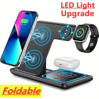 Foldable black wireless charging station for smartphone, smartwatch, and wireless earbuds with LED light upgrade