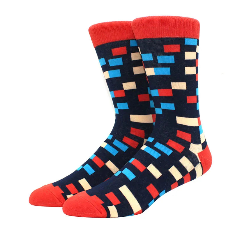 Men Socks  Colorful Cotton Geometric Lattice stripe Classic Happy Business Casual Socks Men