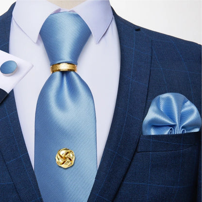 Striped  Necktie Handkerchief Cuffinks Ring Set