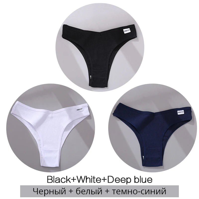 Black, white, and deep blue ribbed women's bikini underwear set with branded label