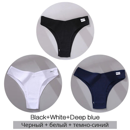 Black, white, and deep blue ribbed women's bikini underwear set with branded label