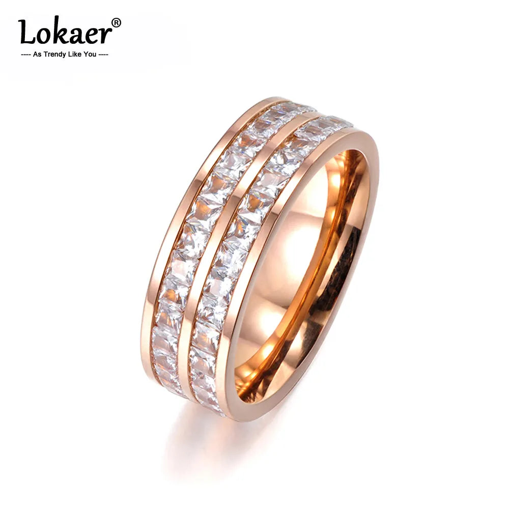 Lokaer Simple Design Pave Two Row Clear Cubic Zirconia Rose Gold Color Titanium Steel Anniversary Wedding Rings For Women R17050 San Remo