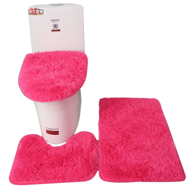 3pcs/set Solid Color Bathroom Mat Set Fluffy Hairs Bath Carpets Modern Toilet Lid Cover Rugs Kit Rectangle 50*80 50*40 45*50cm San Remo Shops