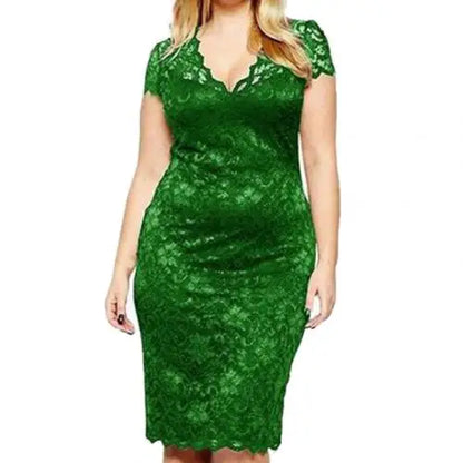 Elegante Damenkleider, sexy Spitze, ausgehöhlt, tiefer V-Ausschnitt, kurze Ärmel, schmales Party-Midikleid, sexy Spitze, ausgehöhlt, schmales Partykleid