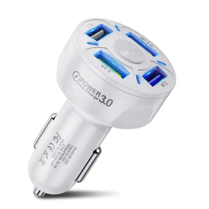 White iPower 3.0 quick charge car USB charger with four blue-lit USB ports