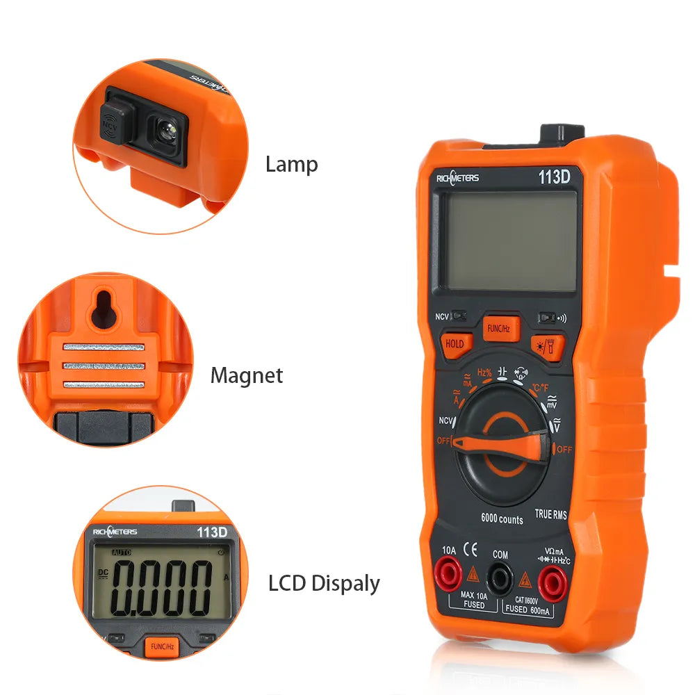 RICHMETERS RM113D Digital Multimeter 6000 Counts NCV Voltage Temperature Measuring Meter with Magnetic Suction Flash Light San Remo