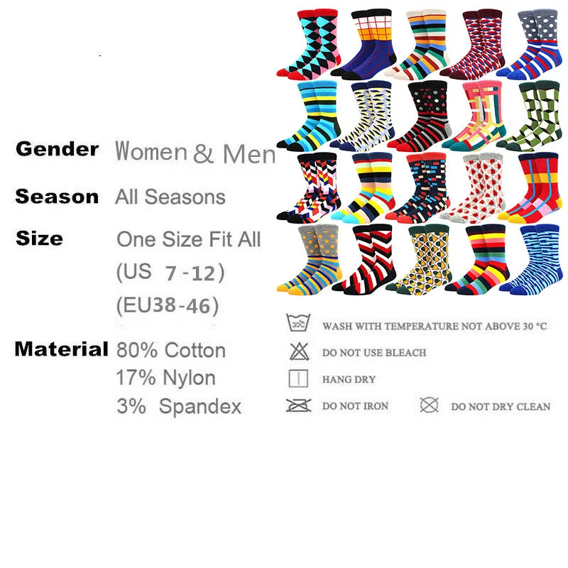 Men Socks  Colorful Cotton Geometric Lattice stripe Classic Happy Business Casual Socks Men