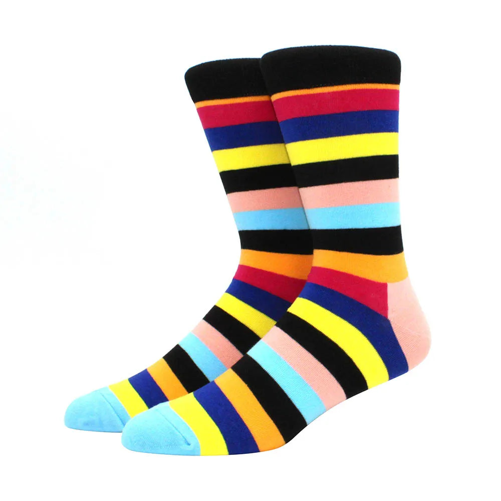 Men Socks  Colorful Cotton Geometric Lattice stripe Classic Happy Business Casual Socks Men