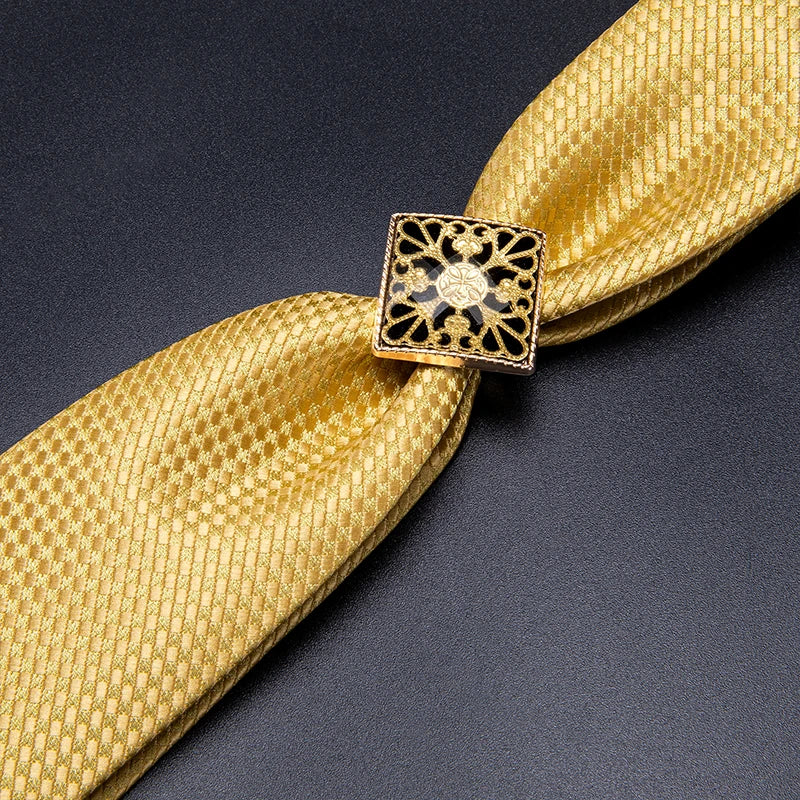 Hi-Tie Yellow Gold Plaid Men's Tie Set Silk Ties For Men Gold Ring Fashion Design Hanky Cufflinks Set Wedding Quality Necktie San Remo