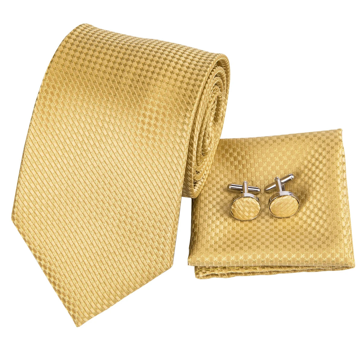 Hi-Tie Yellow Gold Plaid Men's Tie Set Silk Ties For Men Gold Ring Fashion Design Hanky Cufflinks Set Wedding Quality Necktie San Remo