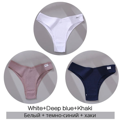 Set of three women's ribbed thong underwear in white, deep blue, and khaki colors with small logo tags