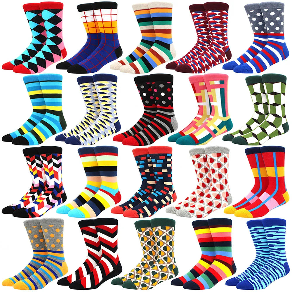 Men Socks  Colorful Cotton Geometric Lattice stripe Classic Happy Business Casual Socks Men