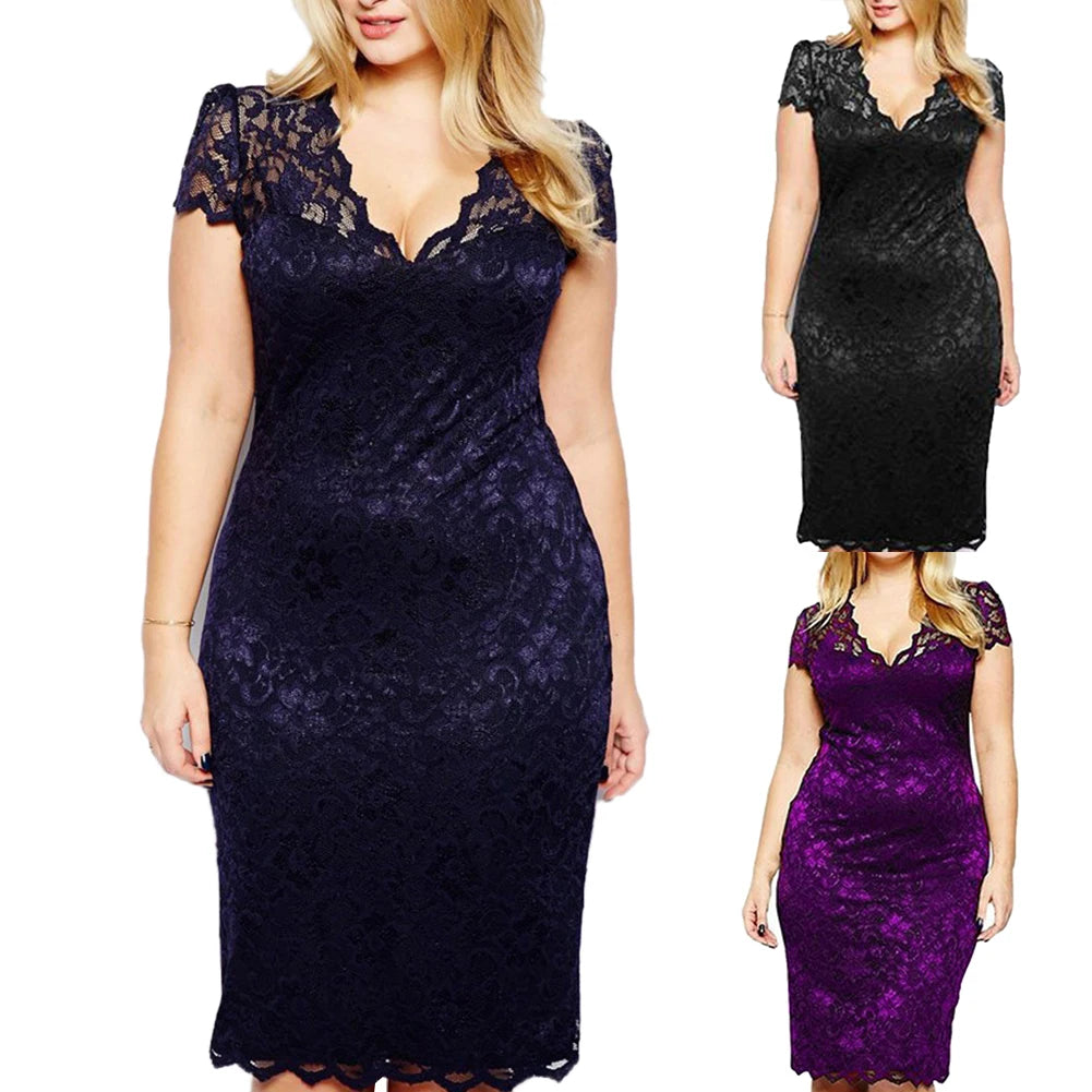 Elegant Women Dresses Sexy Lace Hollow Out Deep-V Short Sleeve Slim Party Midi Dress Sexy Lace Hollow Out Slim Party Dress