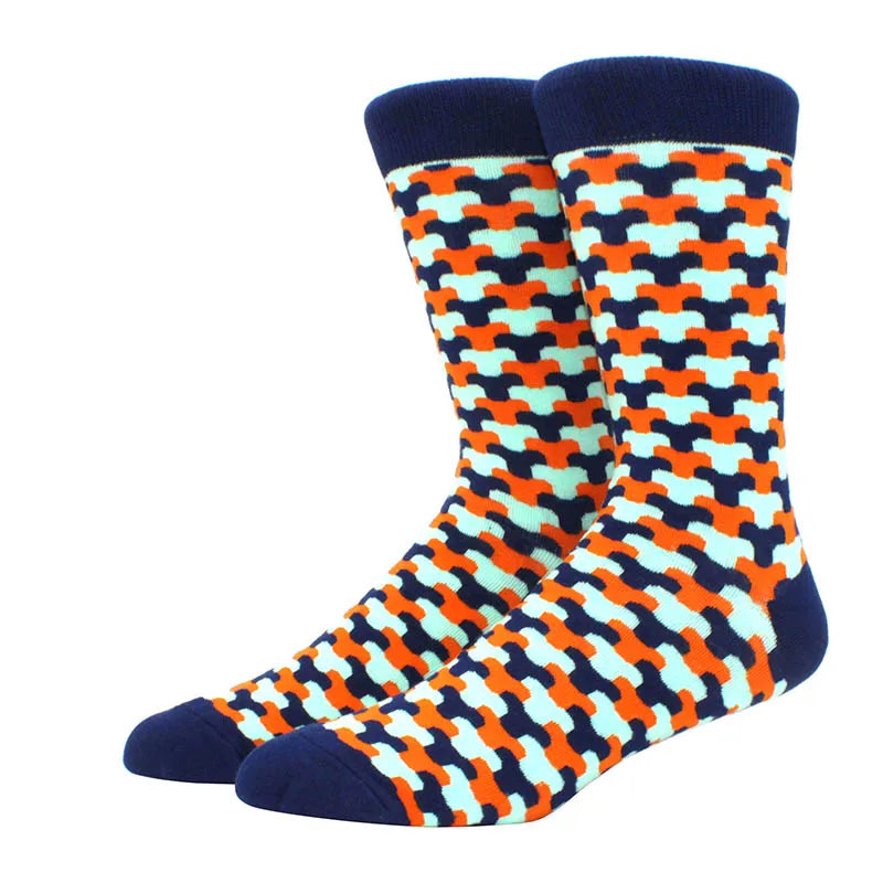 Men Socks  Colorful Cotton Geometric Lattice stripe Classic Happy Business Casual Socks Men