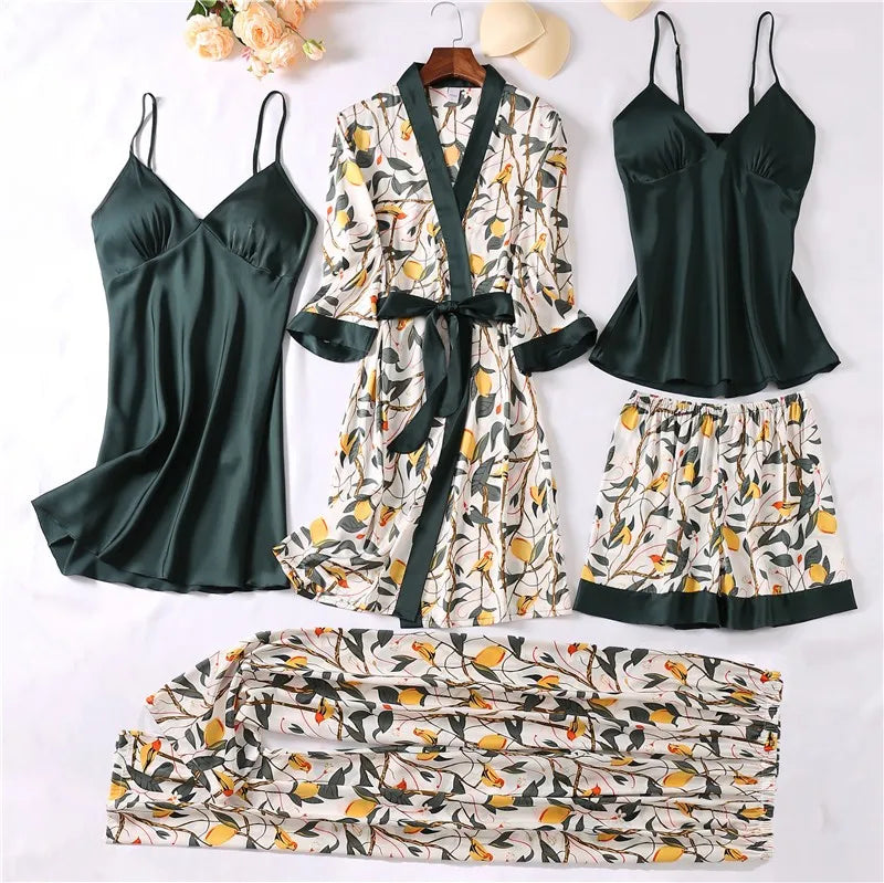 Women Robe Sets Sexy Sleepwear Satin Silky Nightwear Kimono Bathrobe Gown Print Flower Intimate Lingerie Loungewear San Remo