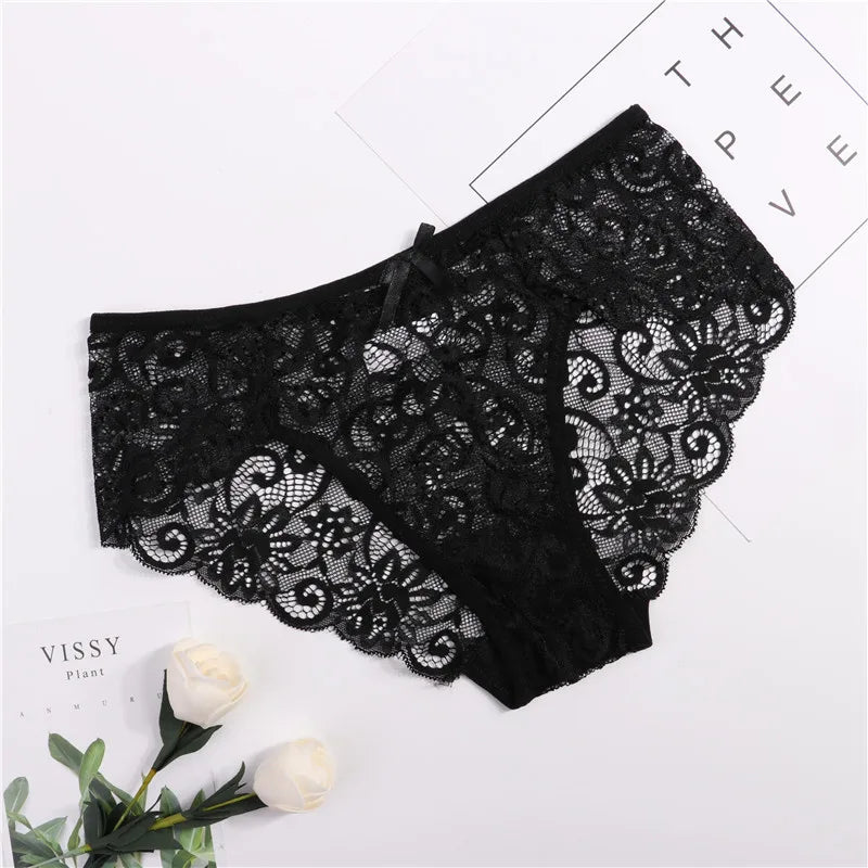 Women's Sexy Lace Panties With Big Size S-XL 5 Colors High-Crotch Transparent Floral Bow Soft Briefs Underwear Lingerie San Remo