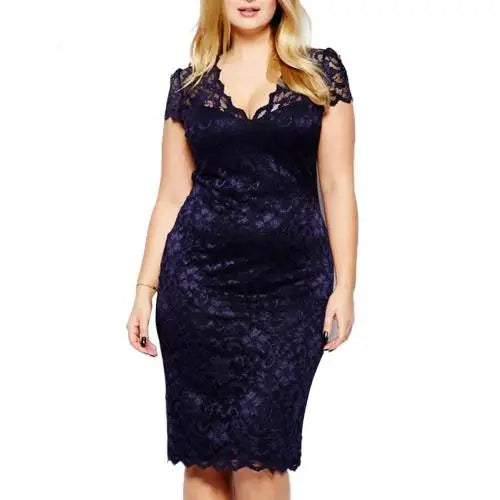 Elegant Women Dresses Sexy Lace Hollow Out Deep-V Short Sleeve Slim Party Midi Dress Sexy Lace Hollow Out Slim Party Dress