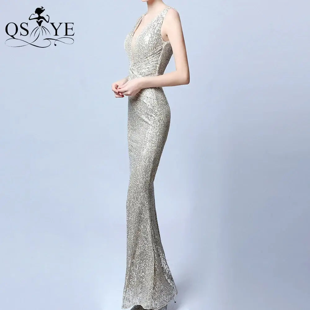 Silver Sequin Prom Dresses Mermaid Long Evening Gown V Neck Ruched Formal Party Gown Crisscross Waist Women Dress Sleeveless San Remo Shops