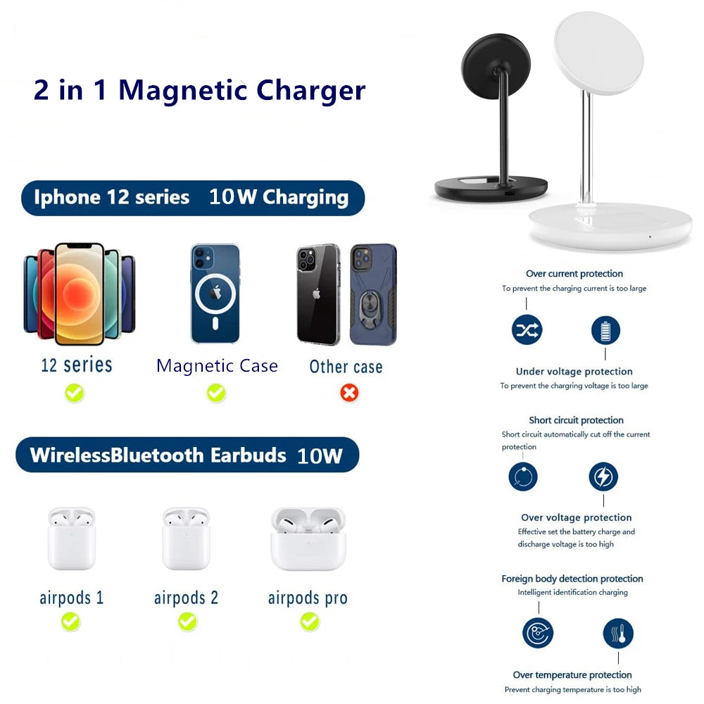 2 in 1 Magnetic Wireless Charger Stand For iPhone 13 12 Pro Max Mini Airpods Fast Charging Station Dock Mobile Phone Chargers San Remo