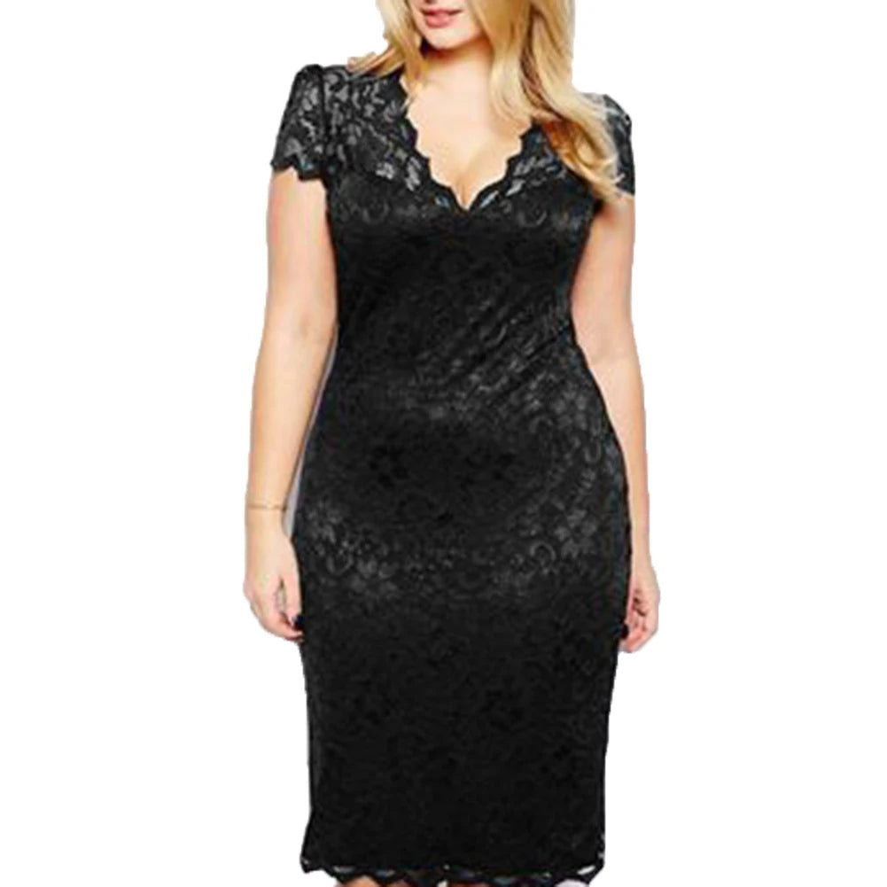 Elegant Women Dresses Sexy Lace Hollow Out Deep-V Short Sleeve Slim Party Midi Dress Sexy Lace Hollow Out Slim Party Dress