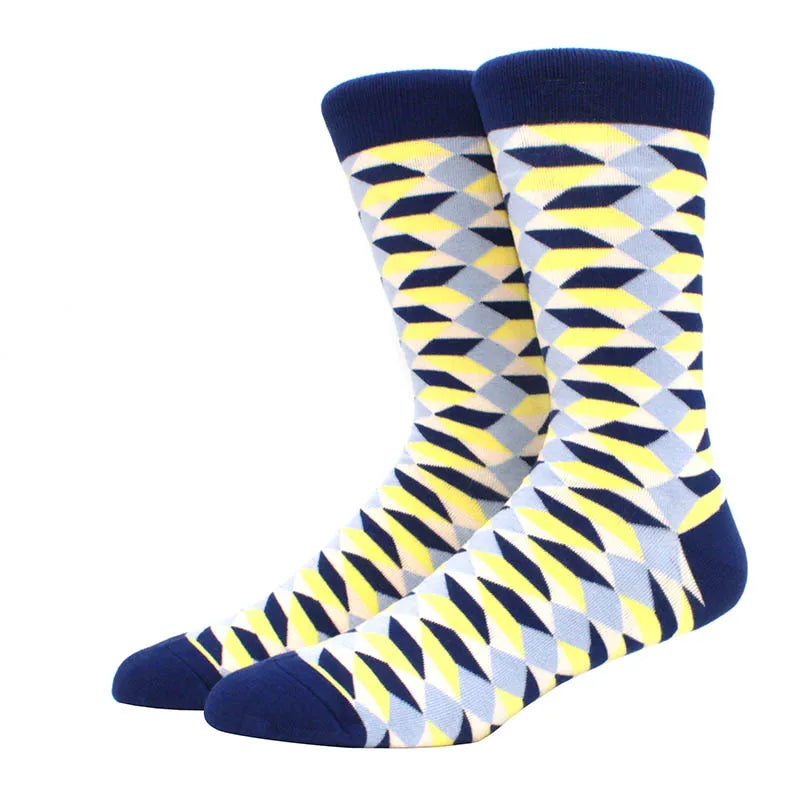 Men Socks  Colorful Cotton Geometric Lattice stripe Classic Happy Business Casual Socks Men