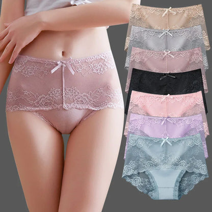 7Pcs Cotton Women's underwear lace transparent panties comfortable antibacterial plus size