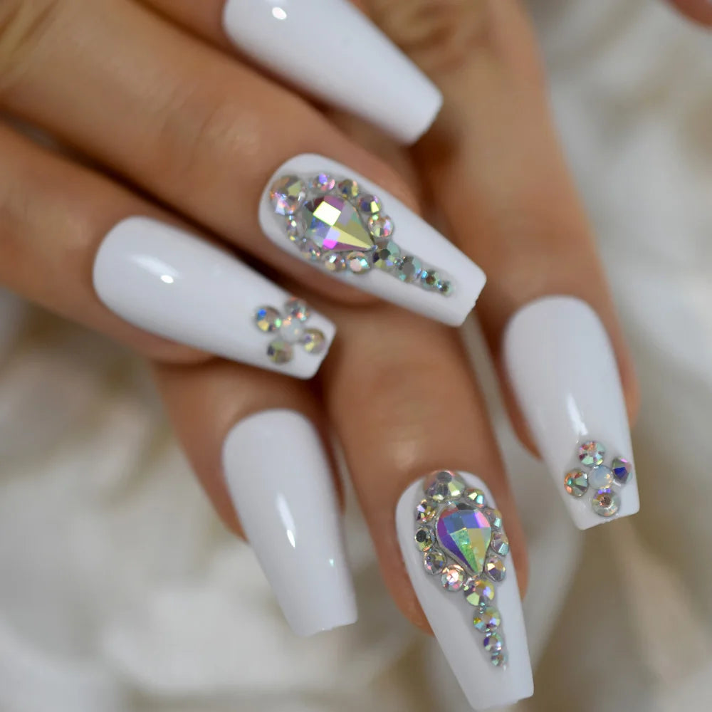 Salon Perfect Artificial Nails 3D Rhinestones Decorative White Nude Faux Ongles Long Ballerina Trapezoid Tips San Remo