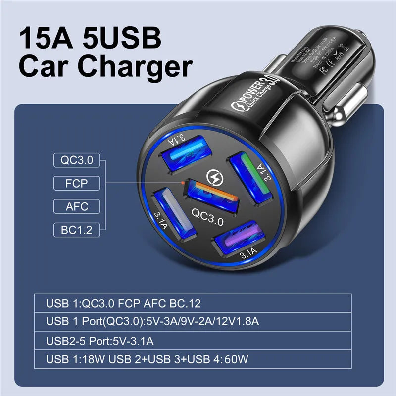 USLION 5 Port Fast Charging Car USB Charger For Xiaomi redmi note 10 pro Quick Charge 3.0 15A Charger Mobile Phone Charge in Car Desers