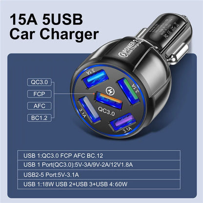 USLION 5 Port Fast Charging Car USB Charger For Xiaomi redmi note 10 pro Quick Charge 3.0 15A Charger Mobile Phone Charge in Car Desers