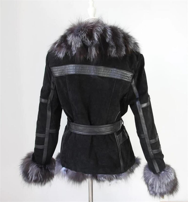 IANLAN Casual Winter Womens Real Fur Coats with Waistband Genuine Leather Jacket Silver Fox Fur Collar & Cuff Trimming San Remo