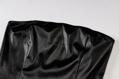 Women Strapless Bodycon Pu Leather Slim