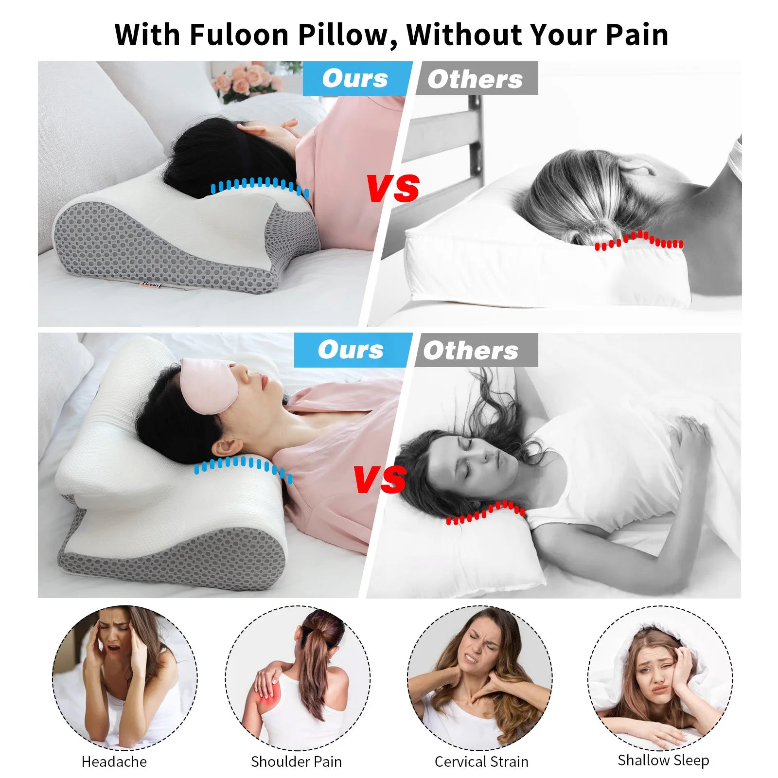 Fuloon Contour Memory Foam Cervical Pillow Ergonomic Orthopedic Neck Pain Pillow for Side Back Stomach Sleeper Remedial Pillows San Remo Shops