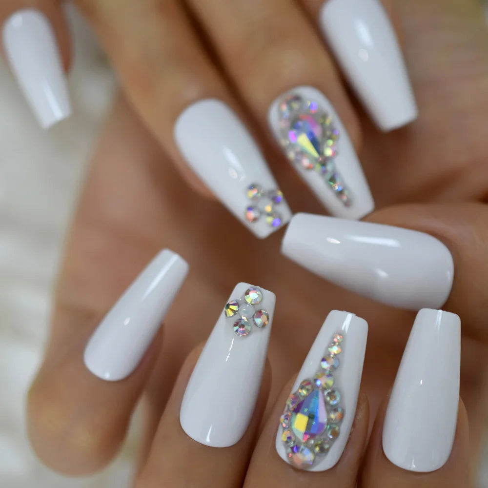 Salon Perfect Artificial Nails 3D Rhinestones Decorative White Nude Faux Ongles Long Ballerina Trapezoid Tips San Remo