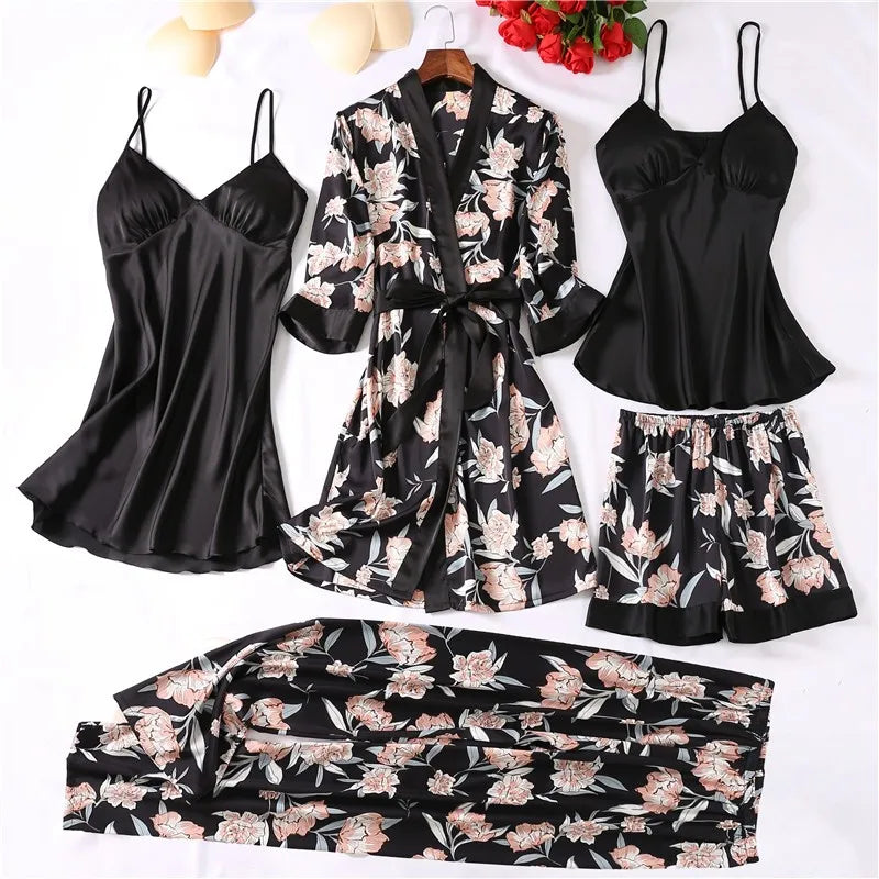 Women Robe Sets Sexy Sleepwear Satin Silky Nightwear Kimono Bathrobe Gown Print Flower Intimate Lingerie Loungewear San Remo