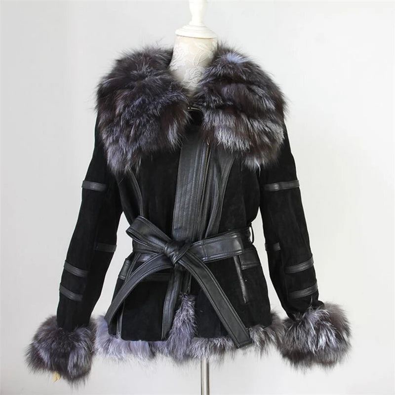 IANLAN Casual Winter Womens Real Fur Coats with Waistband Genuine Leather Jacket Silver Fox Fur Collar & Cuff Trimming San Remo