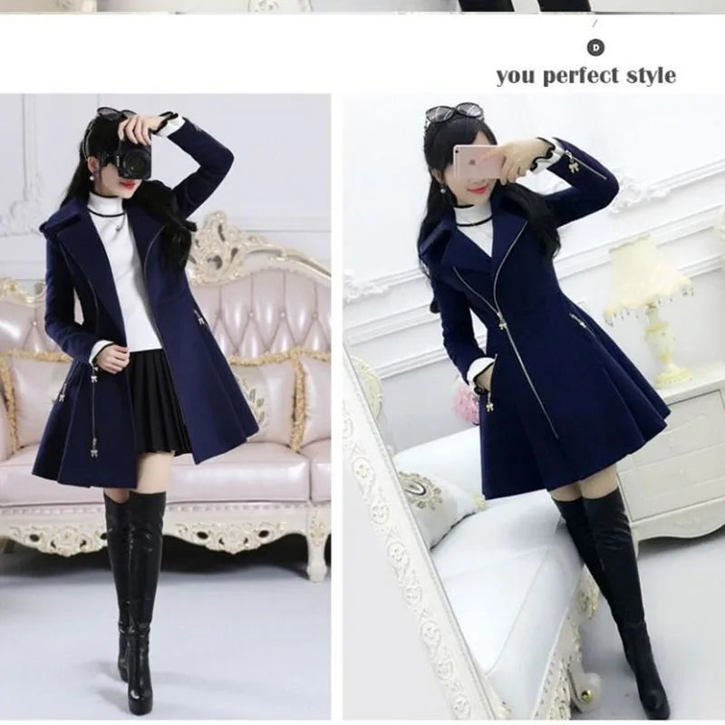 Women Coats Dark Blue Lady Clothing Zipper Woolen Coat Mid-length Slim San Remo