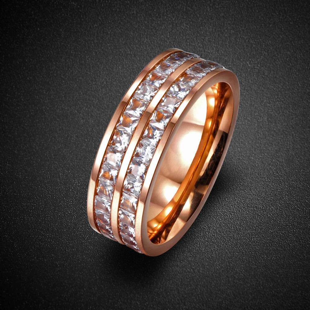 Lokaer Simple Design Pave Two Row Clear Cubic Zirconia Rose Gold Color Titanium Steel Anniversary Wedding Rings For Women R17050 San Remo