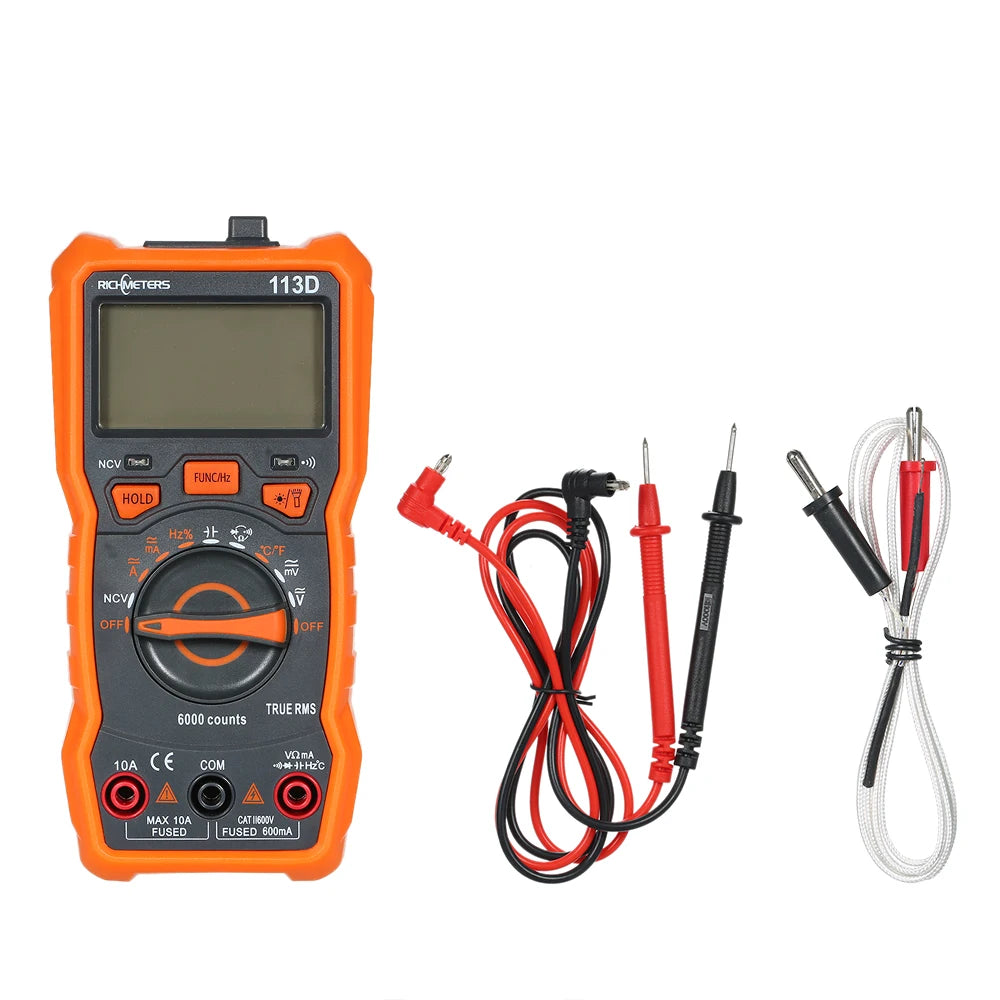 RICHMETERS RM113D Digital Multimeter 6000 Counts NCV Voltage Temperature Measuring Meter with Magnetic Suction Flash Light San Remo