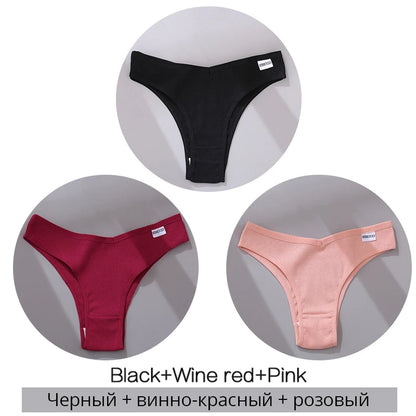 Black, wine red, and pink seamless thong underwear set displayed on white circular backgrounds