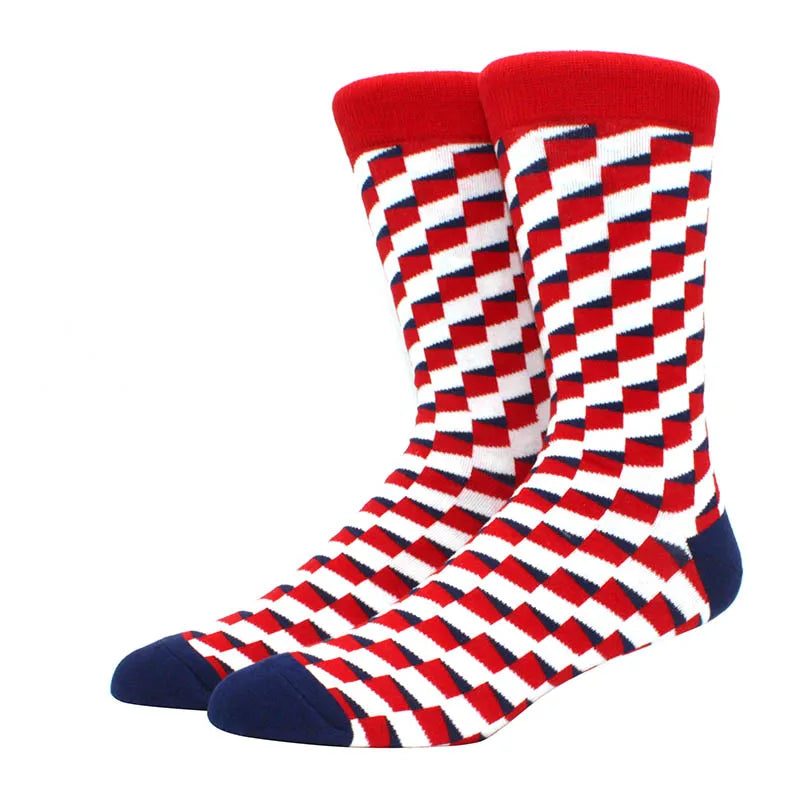 Men Socks  Colorful Cotton Geometric Lattice stripe Classic Happy Business Casual Socks Men