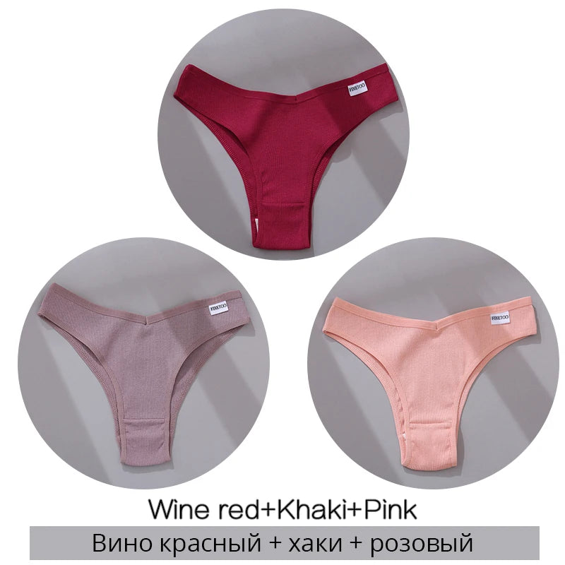 Set of women's ribbed thong underwear in wine red, khaki, and pink colors displayed in circular frames