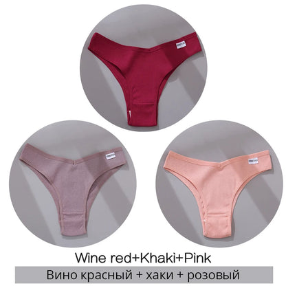 Set of women's ribbed thong underwear in wine red, khaki, and pink colors displayed in circular frames