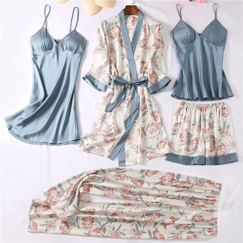 Women Robe Sets Sexy Sleepwear Satin Silky Nightwear Kimono Bathrobe Gown Print Flower Intimate Lingerie Loungewear San Remo