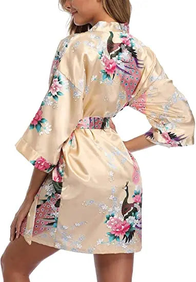 Satin Silk Wedding Bridemaid Robe Print Bathrobe Short Long Night Gown Robe