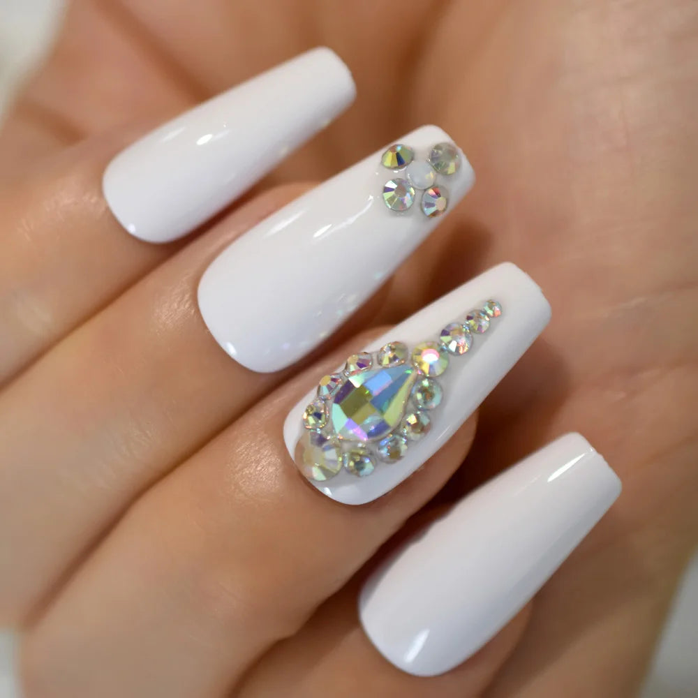 Salon Perfect Artificial Nails 3D Rhinestones Decorative White Nude Faux Ongles Long Ballerina Trapezoid Tips San Remo