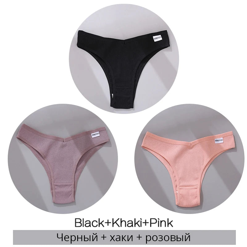 Black, khaki, and pink women's seamless thong underwear set with ribbed texture and label